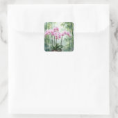 Pink Orchids On Green Bamboo Background Quadratischer Aufkleber (Tasche)