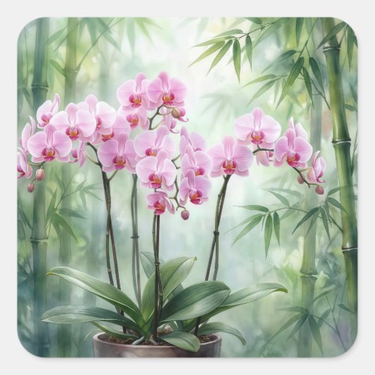 Pink Orchids On Green Bamboo Background Quadratischer Aufkleber (Vorderseite)
