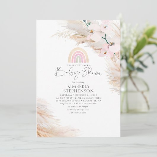 Pink Orchids Pampas Grass Rainbow Baby Dusche Einladung (Stehend Vorderseite)