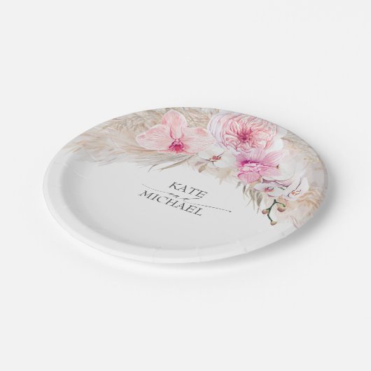 Pink Orchids Pampas Grass Tropical Exotic Pappteller (Schrägansicht)