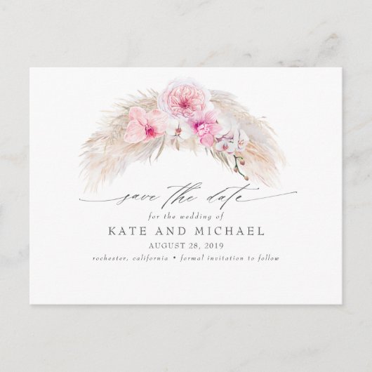 Pink Orchids Pampas Grass Tropical Save the Date Postkarte (Vorderseite)