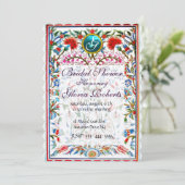 PINK ORIENTAL BLUME DAMASK MONOGRAM Blau Silber Einladung (Stehend Vorderseite)