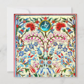 PINK ORIENTAL BLUME DAMASK MONOGRAM Blau Silber Einladung (Rückseite)