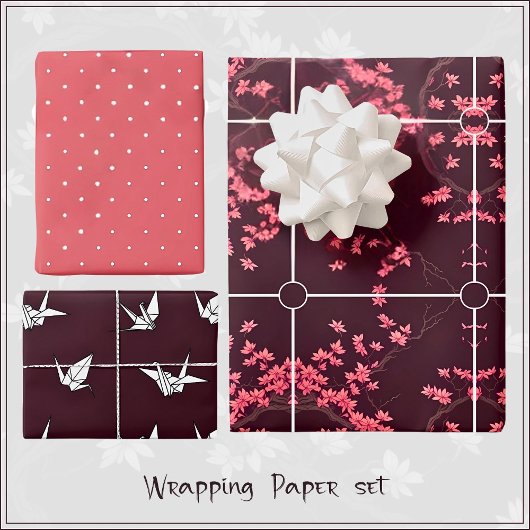 Pink Origami Crane Cherry Blossom Wrapping Paper Geschenkpapier Set