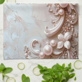 Pink Ornate Pearl and Floral Kitchen Towel Geschirrtuch (Gefaltet)