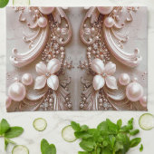 Pink Ornate Pearl and Floral Kitchen Towel Geschirrtuch (Gefaltet)