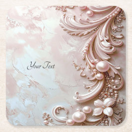 Pink Ornate Pearl and Floral Paper Coaster Rechteckiger Pappuntersetzer