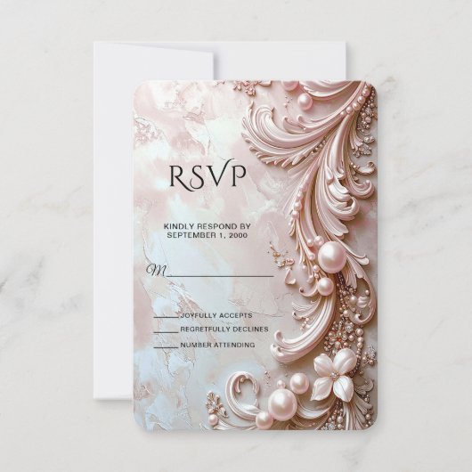Pink Ornate Pearl and Floral RSVP Card (Vorderseite)