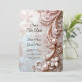 Pink Ornate Pearl and Floral Save the Date (Stehend Vorderseite)