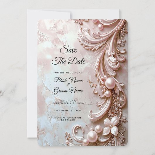 Pink Ornate Pearl and Floral Save the Date (Vorderseite)