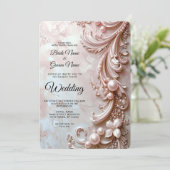 Pink Ornate Pearl and Floral Wedding Invitation Einladung (Stehend Vorderseite)