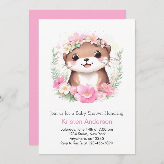 Pink Otter Adventure Whimsical Girl Baby Dusche Einladung (Vorne/Hinten)