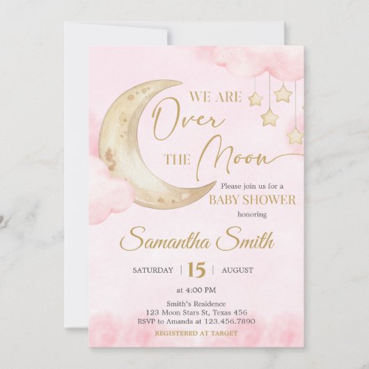 Pink Over the Moon Baby Shower  Einladung (Vorderseite)