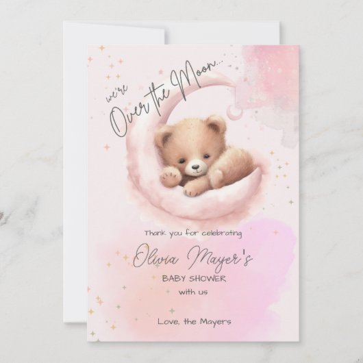 Pink Over the Moon Bear Baby Dusche Danke Karte (Vorderseite)