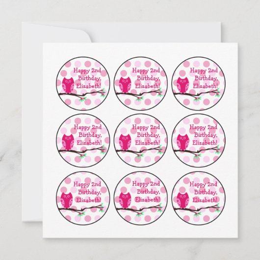 Pink Owl 2 Birthday Cupcake Toppers Einladung (Vorderseite)