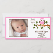 Pink Owl Baby Girl Birth Annoucement Ankündigung (Vorderseite)