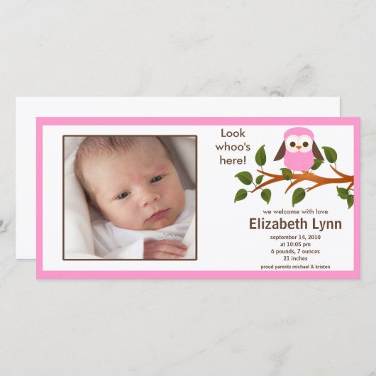 Pink Owl Baby Girl Birth Annoucement Ankündigung (Vorne/Hinten)