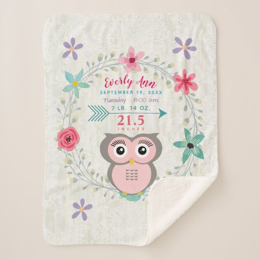 Pink Owl Baby Girl Stats Wasserfarbenkrez Sherpadecke (Vorderseite)