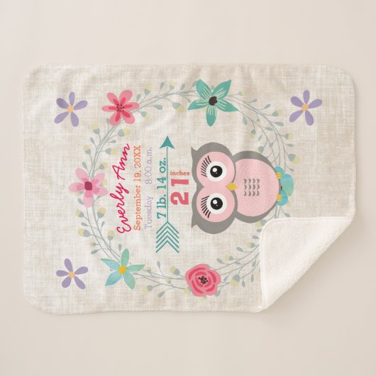 Pink Owl Baby Girl Stats Wasserfarbenkrez Sherpadecke (Vorderseite (Horizontal))