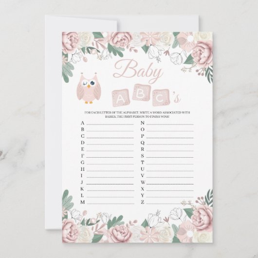 Pink Owl Blumenspülung Baby Baby ABC's Game Card Einladung (Vorderseite)