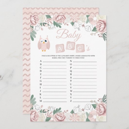 Pink Owl Blumenspülung Baby Baby ABC's Game Card Einladung (Vorne/Hinten)