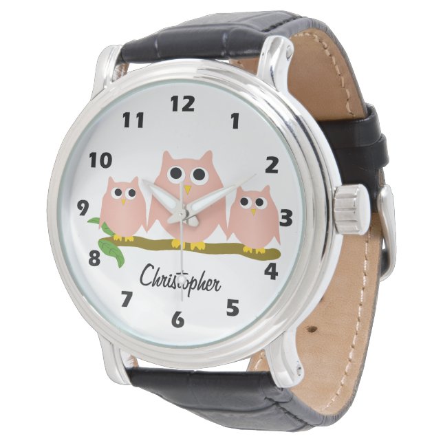 Pink Owl Design Personalised Armbanduhr (Schrägansicht)