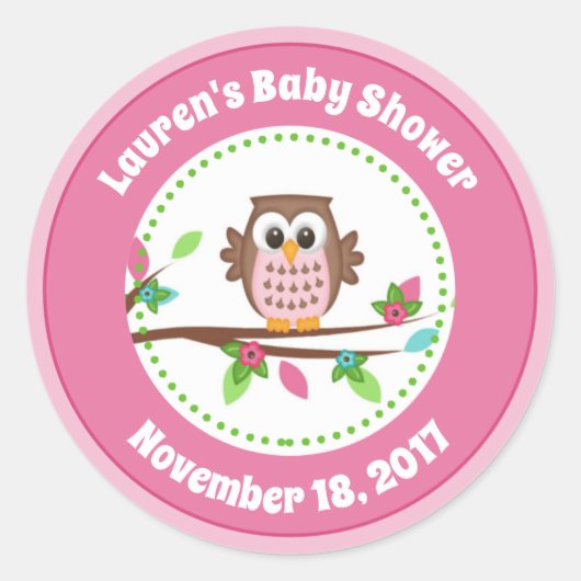 Pink Owl Girl Babydusche Pflegeaufkleber Runder Aufkleber (Vorderseite)