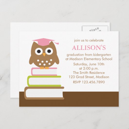 Pink Owl Kindergarten Abschluss Einladungspostkarte (Vorne/Hinten)