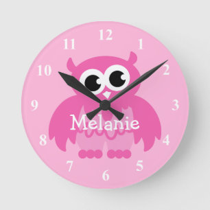 Pink owl wall clock with baby name for nursery runde wanduhr