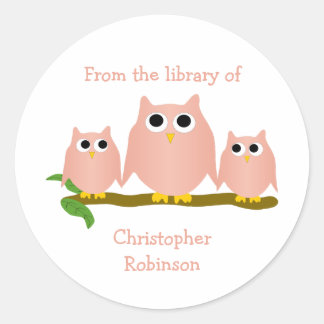 Pink Owls Design Exlibris Runder Aufkleber