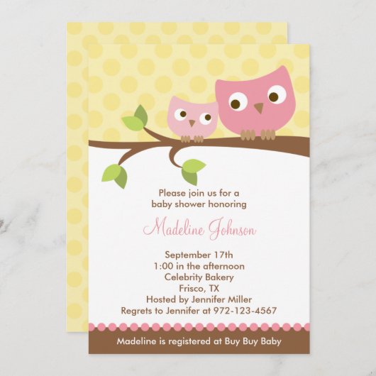 PInk Owls Kinderdusche Einladung (Vorne/Hinten)