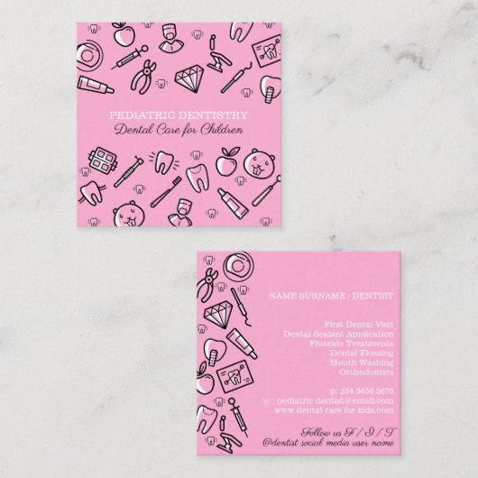 Pink Pädiatrische Zahnmedizin Zahnmedizin für Kind Quadratische Visitenkarte (Vorne/Hinten)