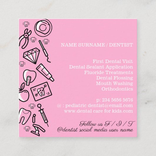 Pink Pädiatrische Zahnmedizin Zahnmedizin für Kind Quadratische Visitenkarte (Rückseite)