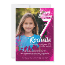 Pink Paint Spritzer Foto 7. Geburtstag Einladung