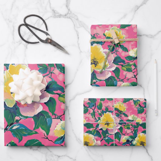 Pink Painted Chinoiserie Floral Geschenkpapier Set (Vorderseite)