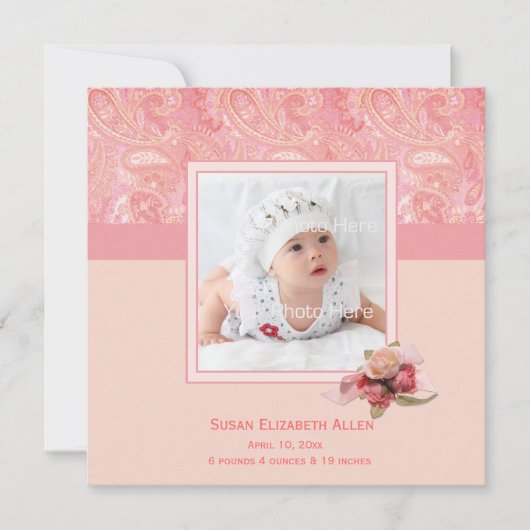 Pink Paisley Baby Foto Ankündigung (Vorderseite)