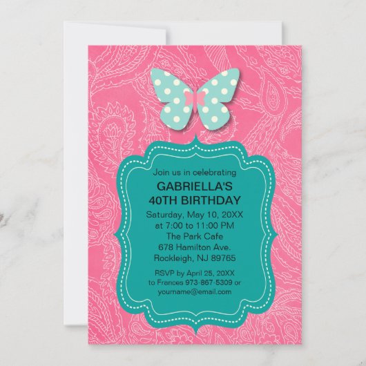 Pink Paisley Butterfly Geburtstagsparty Einladung (Vorderseite)