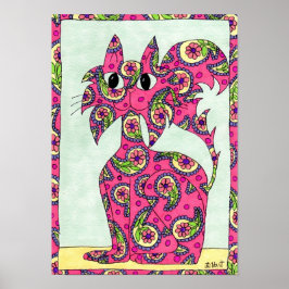 Pink Paisley Cat Folk Art Poster