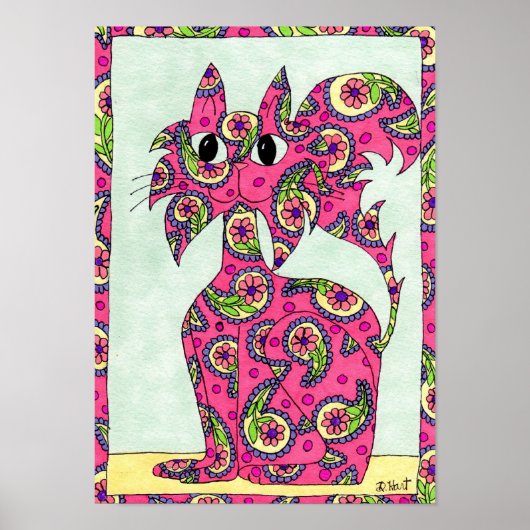 Pink Paisley Cat Folk Art Poster (Vorne)