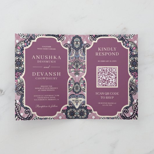 Pink Paisley Pattern QR Code Indian Wedding Einladung (Innenseite)