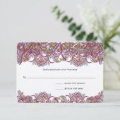 Pink Paisley Peacock Wedding RSVP Karte (Stehend Vorderseite)