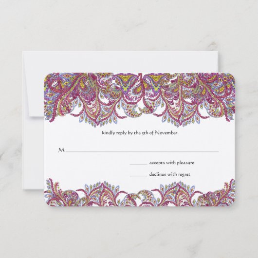 Pink Paisley Peacock Wedding RSVP Karte (Vorderseite)