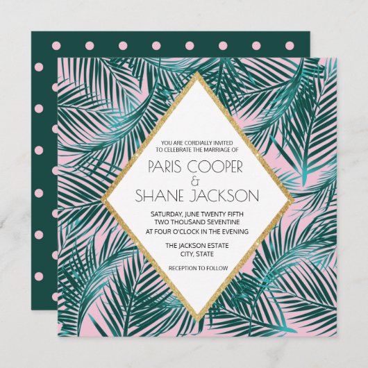 Pink Palm Deko Hochzeitseinladung Einladung (Vorne/Hinten)