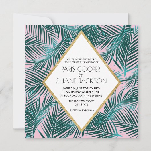 Pink Palm Deko Hochzeitseinladung Einladung (Vorderseite)