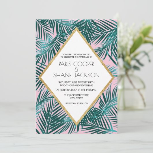Pink Palm Deko Wedding Einladung (Stehend Vorderseite)