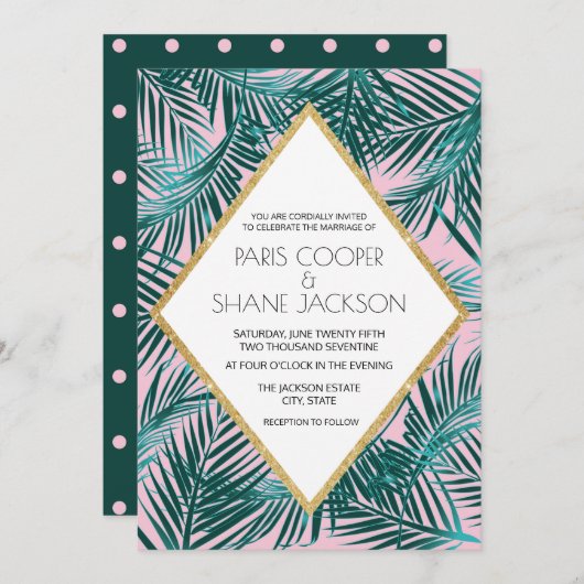 Pink Palm Deko Wedding Einladung (Vorne/Hinten)