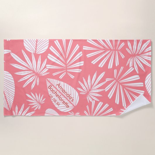 Pink Palm Leaf Junggeselinnen-Abschied Personalisi Strandtuch (Vorderseite)