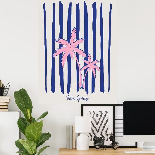 Pink Palm Pair auf blauen Streifen Poster (Heimbüro)