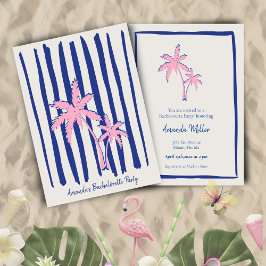 Pink Palm Pair auf Blue Stripes Junggeselinnen-Abs Einladung