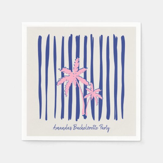Pink Palm Pair auf Blue Stripes Junggeselinnen-Abs Serviette (Vorderseite)